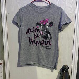 Gray and Pink Short Sleeve Tee with Cow Graphic